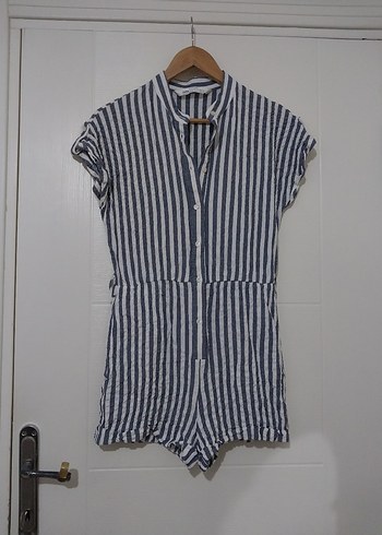 Kısa Kollu Çizgili Kadın Tulum - Görsel 2