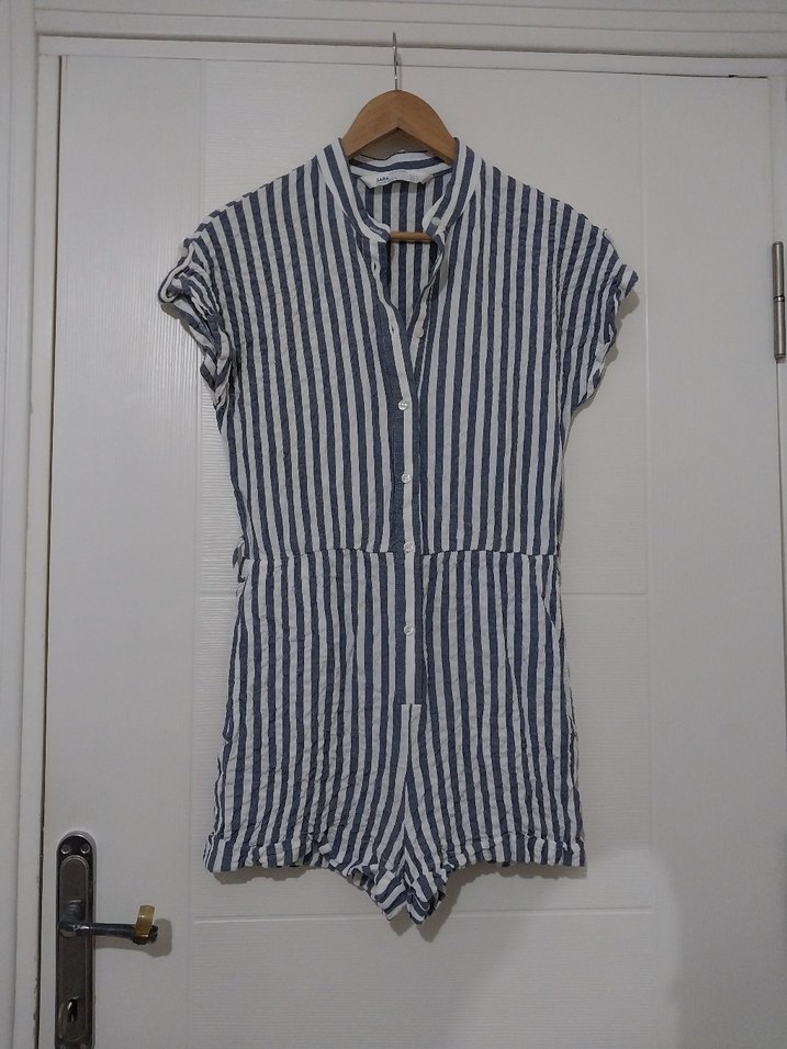 Kısa Kollu Çizgili Kadın Tulum - Görsel 2