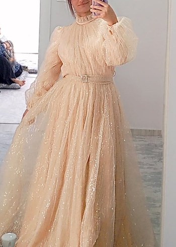 Bej Uzun Kollu Drapeli Abiye Elbise - Görsel 2