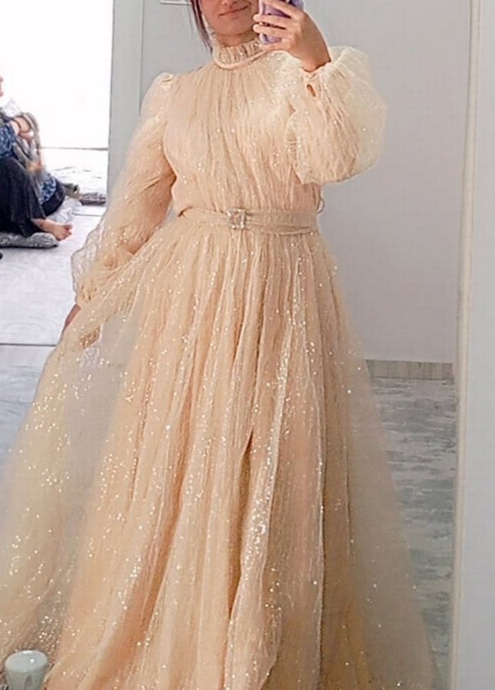 Bej Uzun Kollu Drapeli Abiye Elbise - Görsel 2