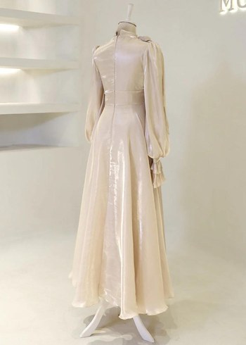 moda Zehrada Bej Uzun Kollu Yüksek Yakalı Kadın Abiye Elbise - Görsel 3