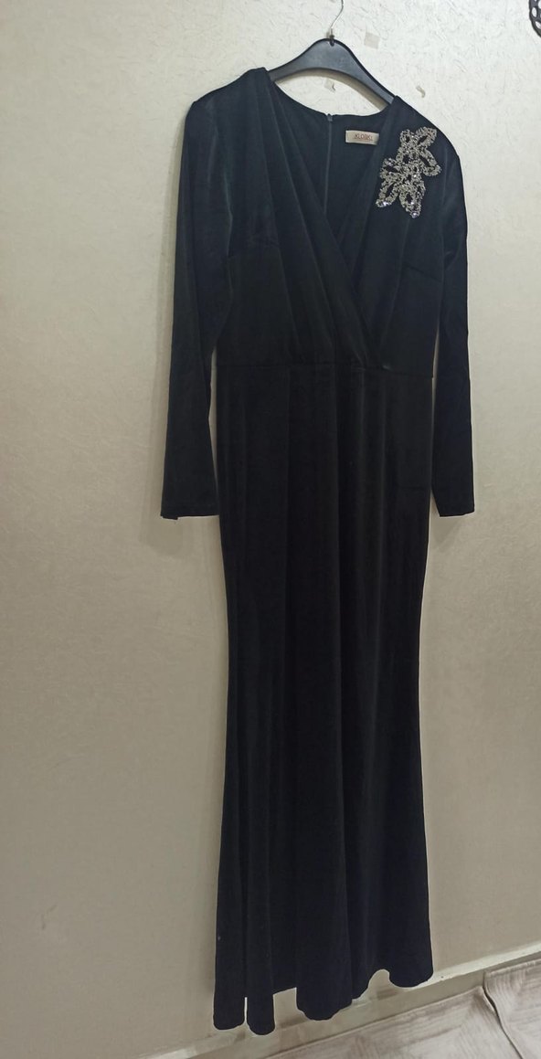 Siyah Süet Uzun Kollu Drapeli Elbise - Görsel 2