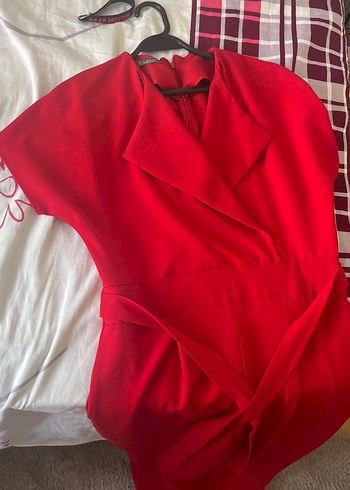 Kırmızı V Yakalı Uzun Kadın Tulum - Görsel 4