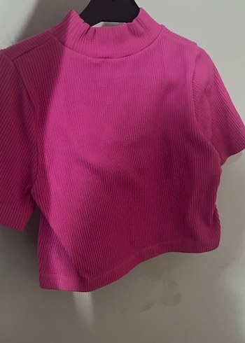 Pembe Kısa Kollu Yüksek Yakalı Basic Bluz - Görsel 2