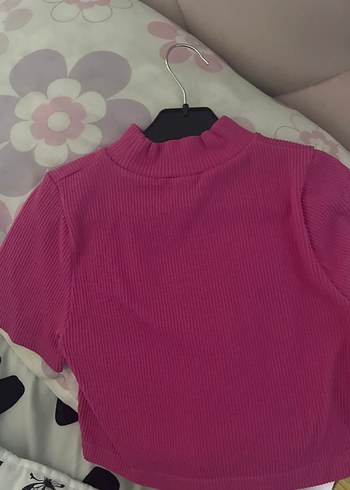 Pembe Kısa Kollu Yüksek Yakalı Basic Bluz - Görsel 3