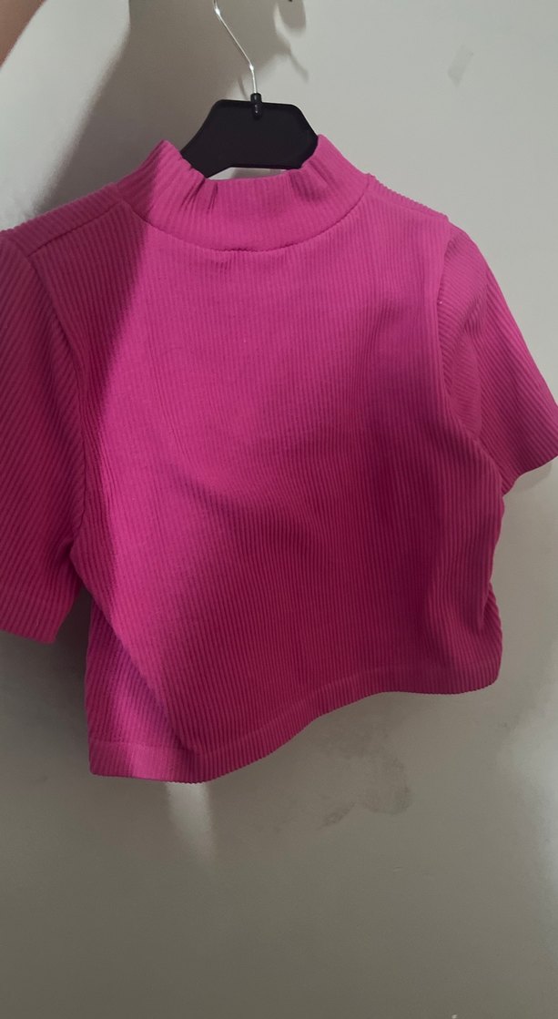 Pembe Kısa Kollu Yüksek Yakalı Basic Bluz - Görsel 2