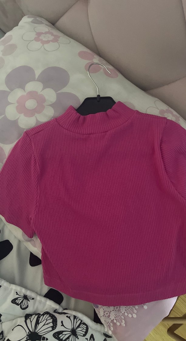 Pembe Kısa Kollu Yüksek Yakalı Basic Bluz - Görsel 3