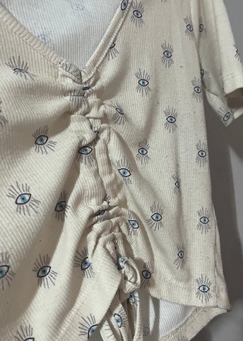 Düğmeli V Yaka Kısa Kollu Baskılı Keten Bluz - Görsel 4