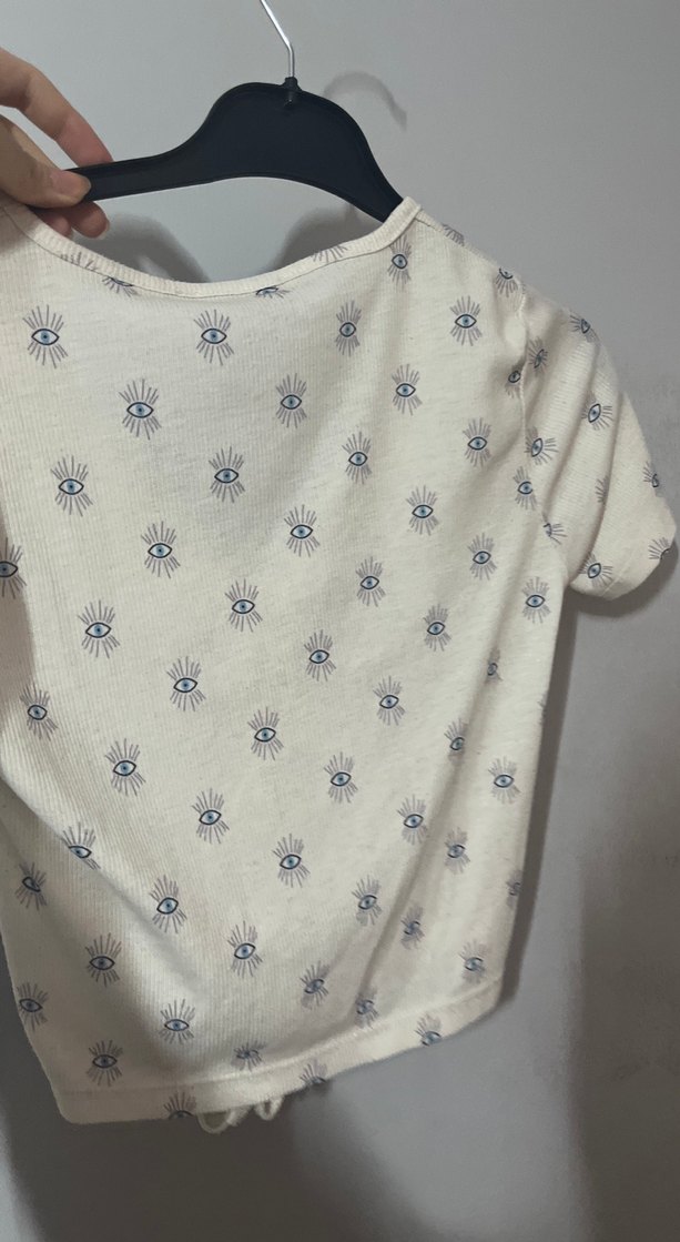 Düğmeli V Yaka Kısa Kollu Baskılı Keten Bluz - Görsel 3