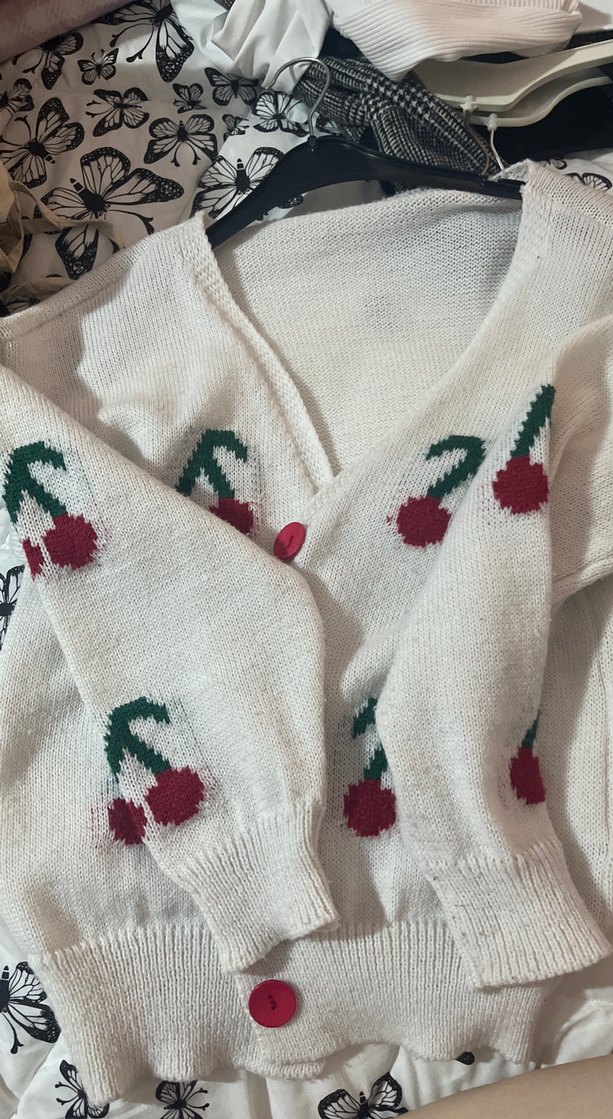 Nakışlı Kiraz Desenli Beyaz Triko Hırka - Görsel 2