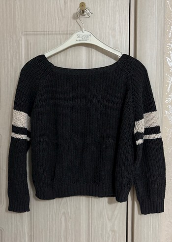 Siyah Gri Çizgili Örgü Kadın Kazak - Görsel 2