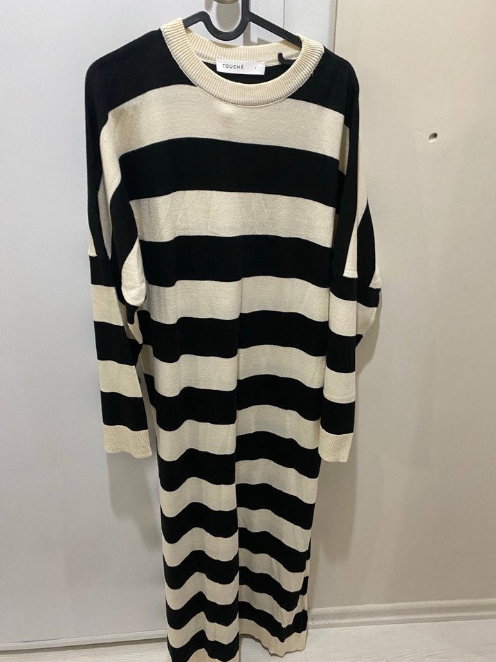 Kadın Siyah Çizgili Uzun Triko Elbise - Görsel 2