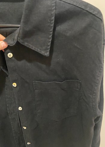Siyah Keten Düğmeli Kadın Gömlek - Görsel 4