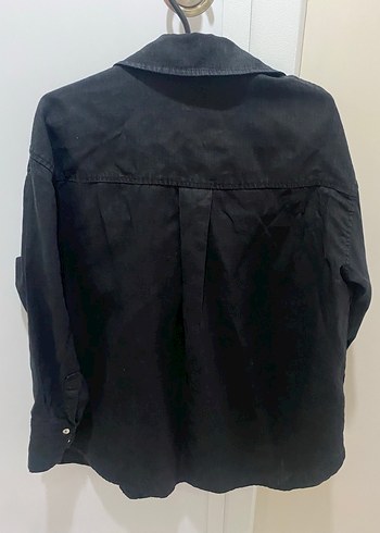 Siyah Keten Düğmeli Kadın Gömlek - Görsel 3