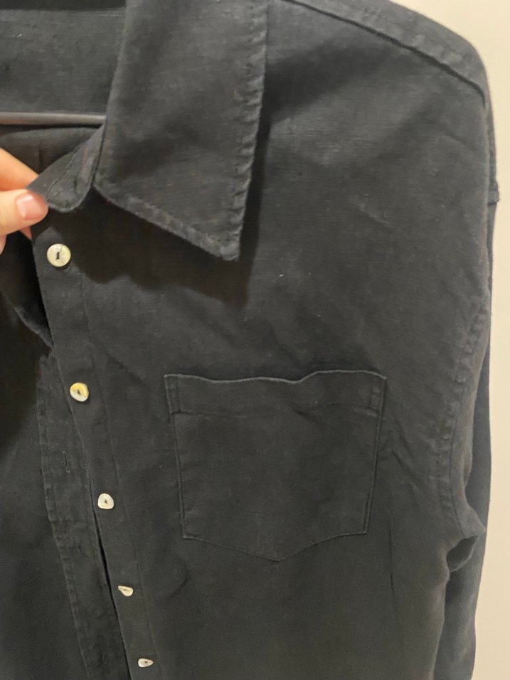 Siyah Keten Düğmeli Kadın Gömlek - Görsel 4