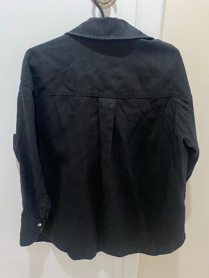 Siyah Keten Düğmeli Kadın Gömlek - Görsel 3