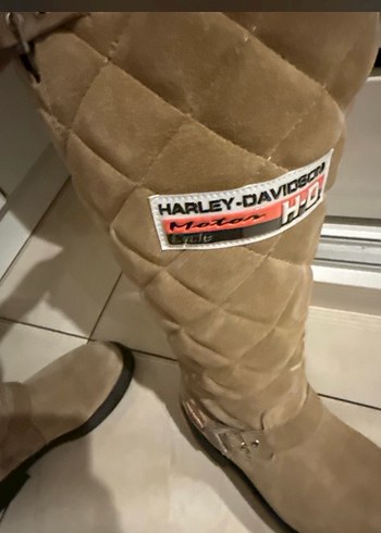 Bej Süet Tokalı Biker Dizüstü Kadın Çizme - Görsel 4