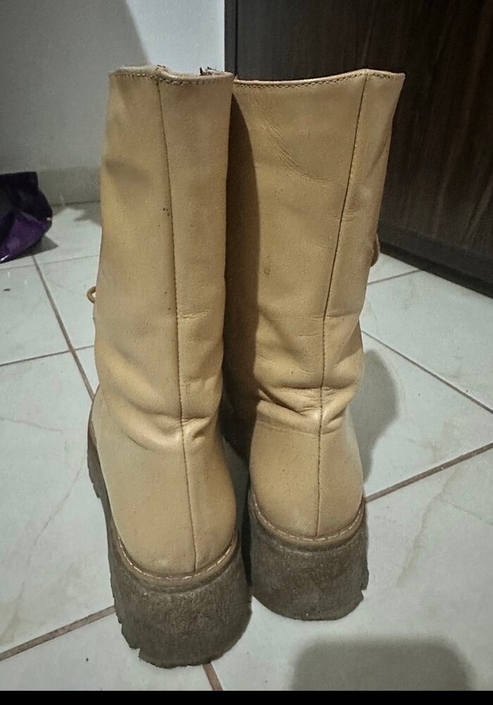 Bej Deri Platform Topuklu Kadın Bot - Görsel 3