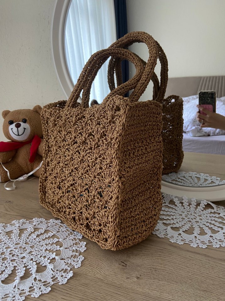 Dantel Detaylı Örgü Bej Kadın Çanta - Görsel 4