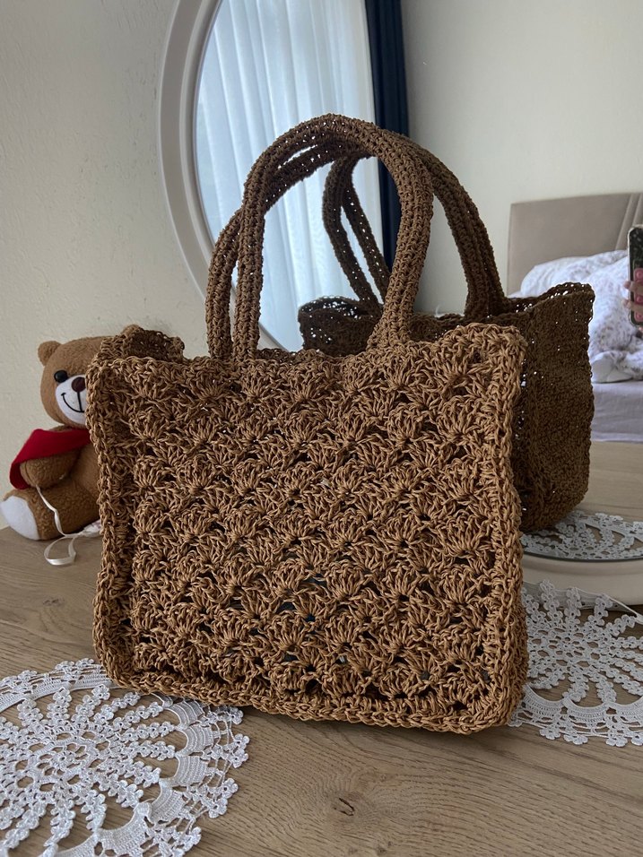 Dantel Detaylı Örgü Bej Kadın Çanta - Görsel 3