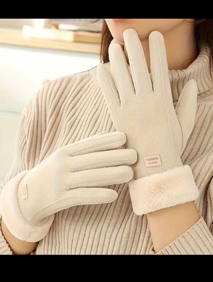 Beyaz Kürklü Kadın Eldiveni dokunmatik - Görsel 2