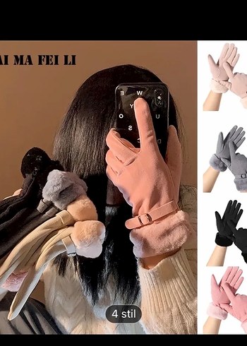 Siyah Kürklü Kadın Eldiveni kemer detaylı - Görsel 2