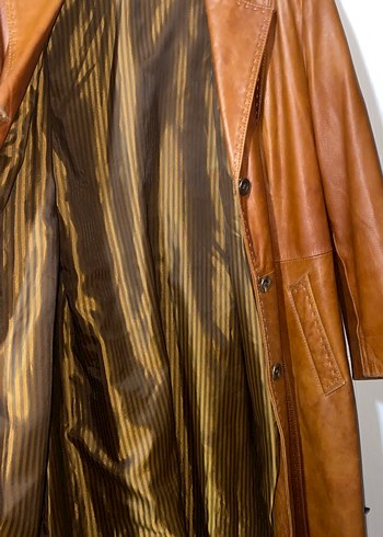 Düğmeli Kahverengi Uzun Deri Kadın Ceketi - Görsel 5