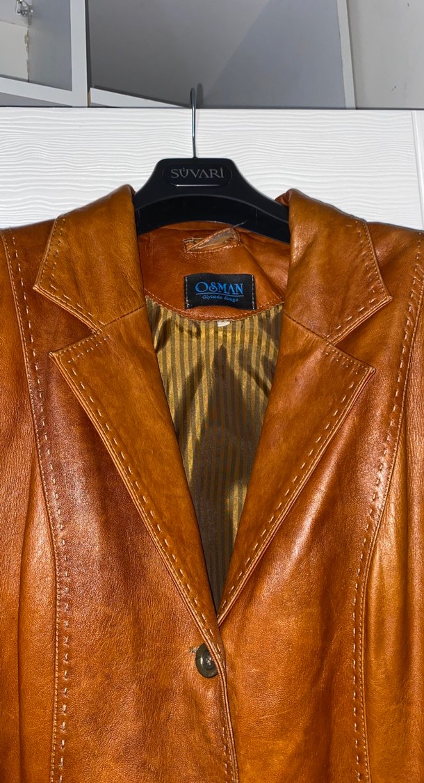 Düğmeli Kahverengi Uzun Deri Kadın Ceketi - Görsel 3
