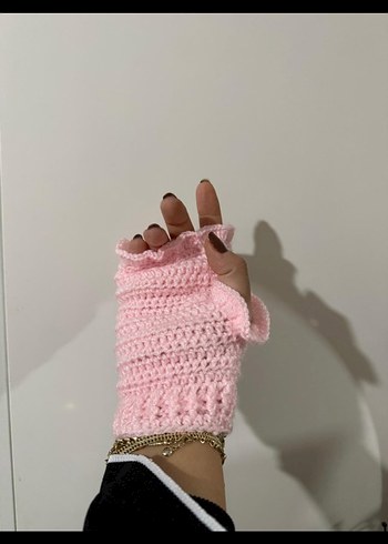 Pembe Örgü Yarım Parmak Eldiven - Görsel 2