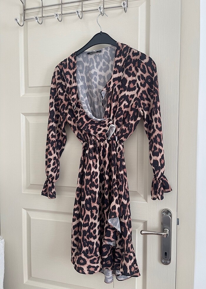 Leopar beli lastikli elbise - Görsel 2