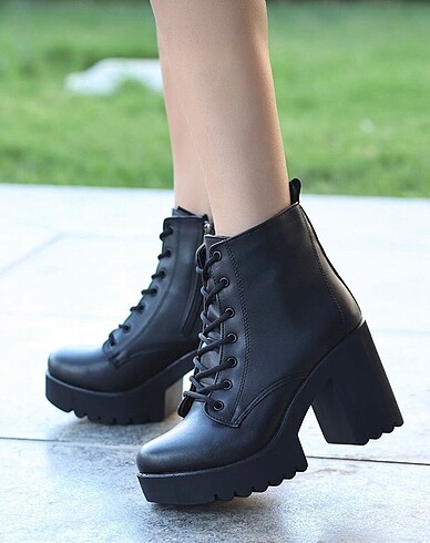 Leydi Shoes Marka Platform Bağcıklı Yandan Fermuarlı Siyah Kadın