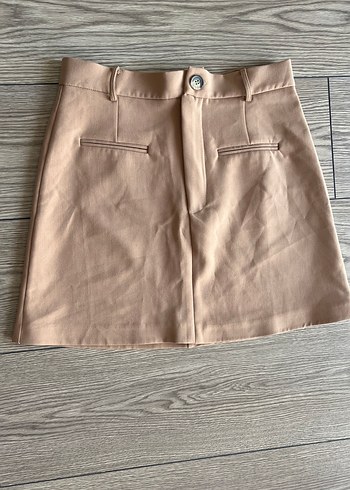 Düğmeli Bej-kahve Mini Etek
