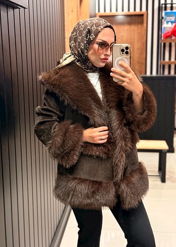 Kahverengi Leopar Desenli Süet Kadın Kürk Ceket