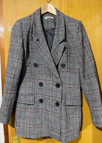 Düğmeli Gri Ekose Kadın Blazer Ceket