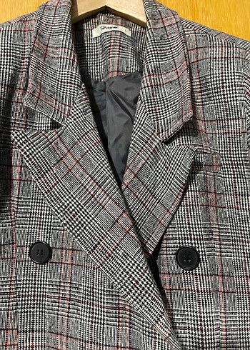 l Beden Düğmeli Gri Ekose Kadın Blazer Ceket