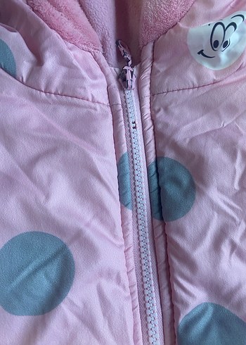 Kapüşonlu Pembe Puantiyeli Kız Mont - Görsel 5