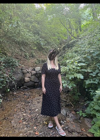 Siyah puantiye Desenli Uzun Straplez Elbise - Görsel 2