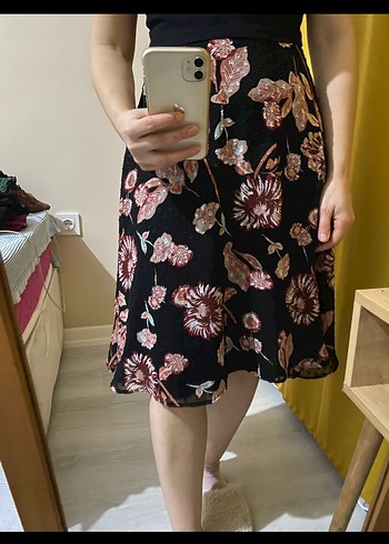 Pembe Çiçek Desenli Bohem Midi Etek - Görsel 2