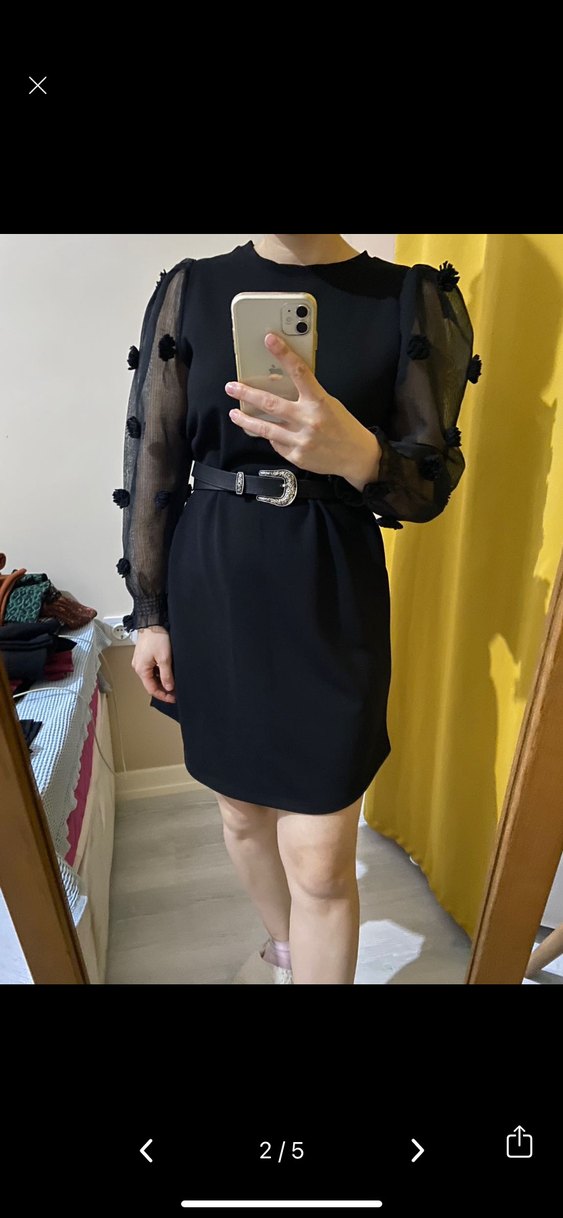 Kollarda Tül Detaylı Siyah Mini Elbise - Görsel 2