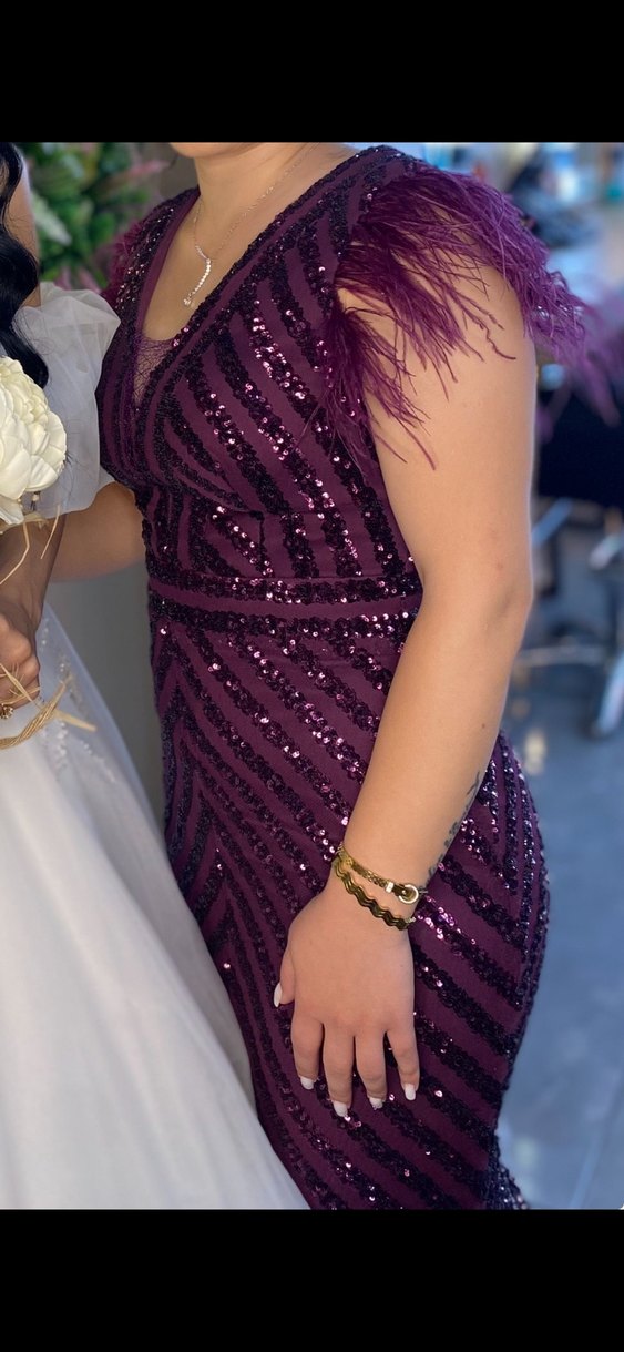 Mürdüm İşlemeli V Yaka Uzun Abiye Elbise - Görsel 2