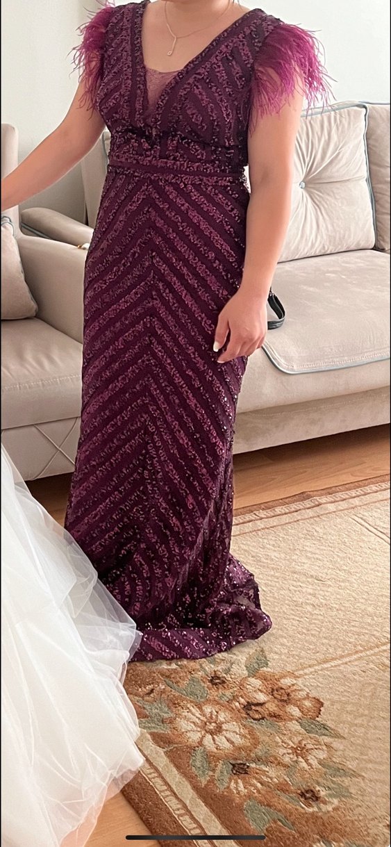 Mürdüm İşlemeli V Yaka Uzun Abiye Elbise - Görsel 3