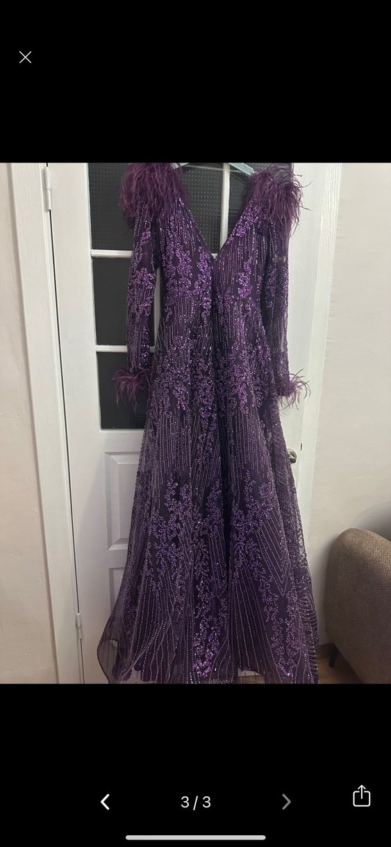 Mor Uzun Kollu Drapeli Saten Abiye - Görsel 3