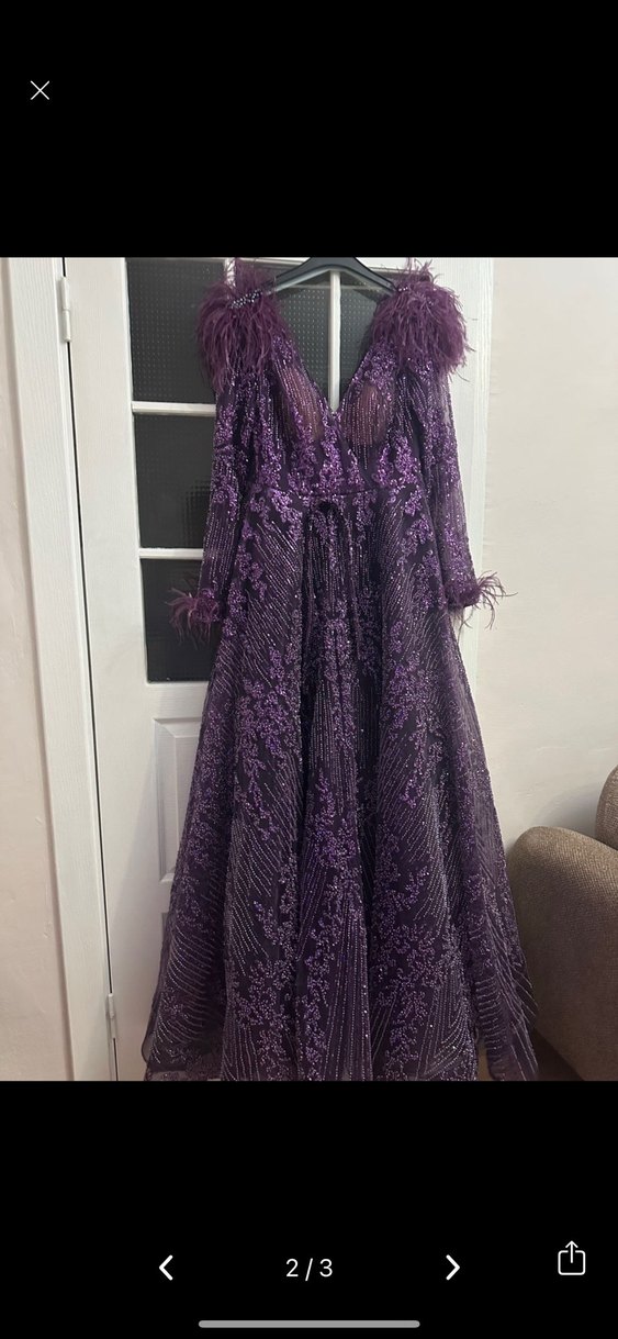 Mor Uzun Kollu Drapeli Saten Abiye - Görsel 2