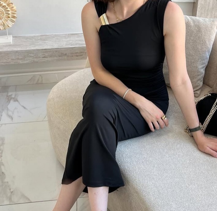 Siyah Drapeli Uzun Straplez Elbise - Görsel 2