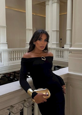 Siyah Uzun Madonna Yaka Kadın Elbise - Görsel 3