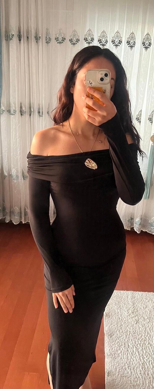 Siyah Uzun Madonna Yaka Kadın Elbise - Görsel 5