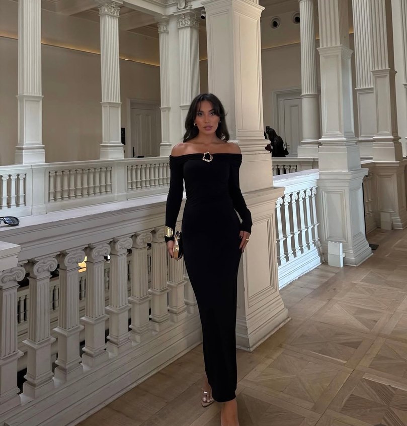 Siyah Uzun Madonna Yaka Kadın Elbise - Görsel 2