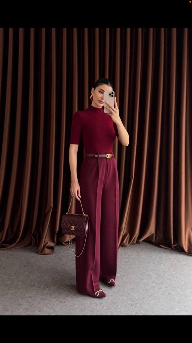 Bordo Parlak Kadın Uzun Kumaş palazzo Pantolon - Görsel 4