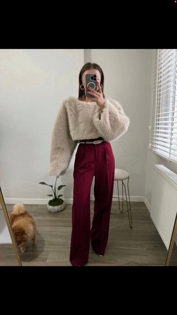 Bordo Parlak Kadın Uzun Kumaş palazzo Pantolon - Görsel 3