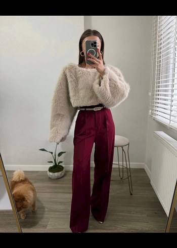 Bordo Yüksek bel palazzo kumaş pantolon - Görsel 3